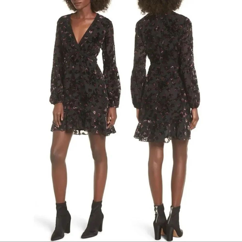 Revolve WAYF Brayden Long Sleeve Black Red Rose Floral Embroidered Velvet Dress